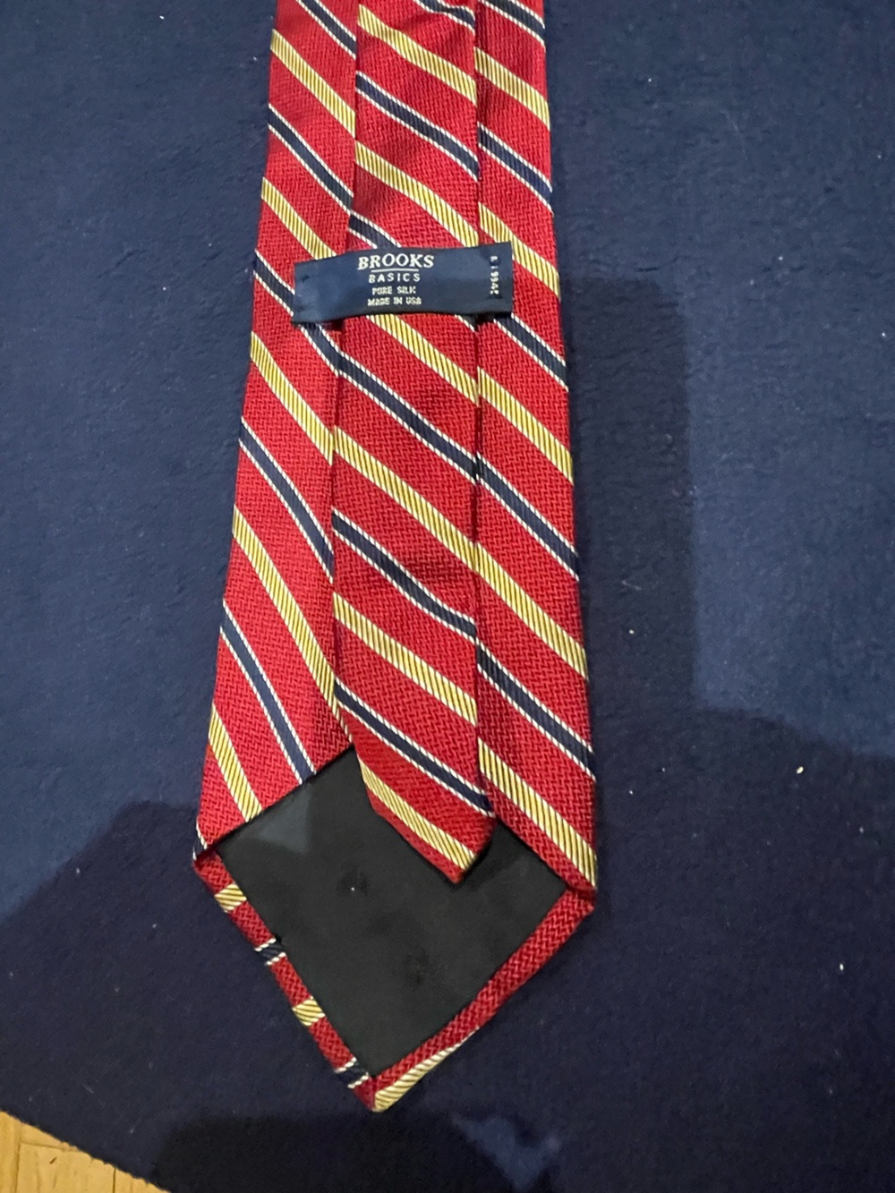 Brooks Red Tie with Gold and Navy Diagonal Stripes - Picture 2 of 4